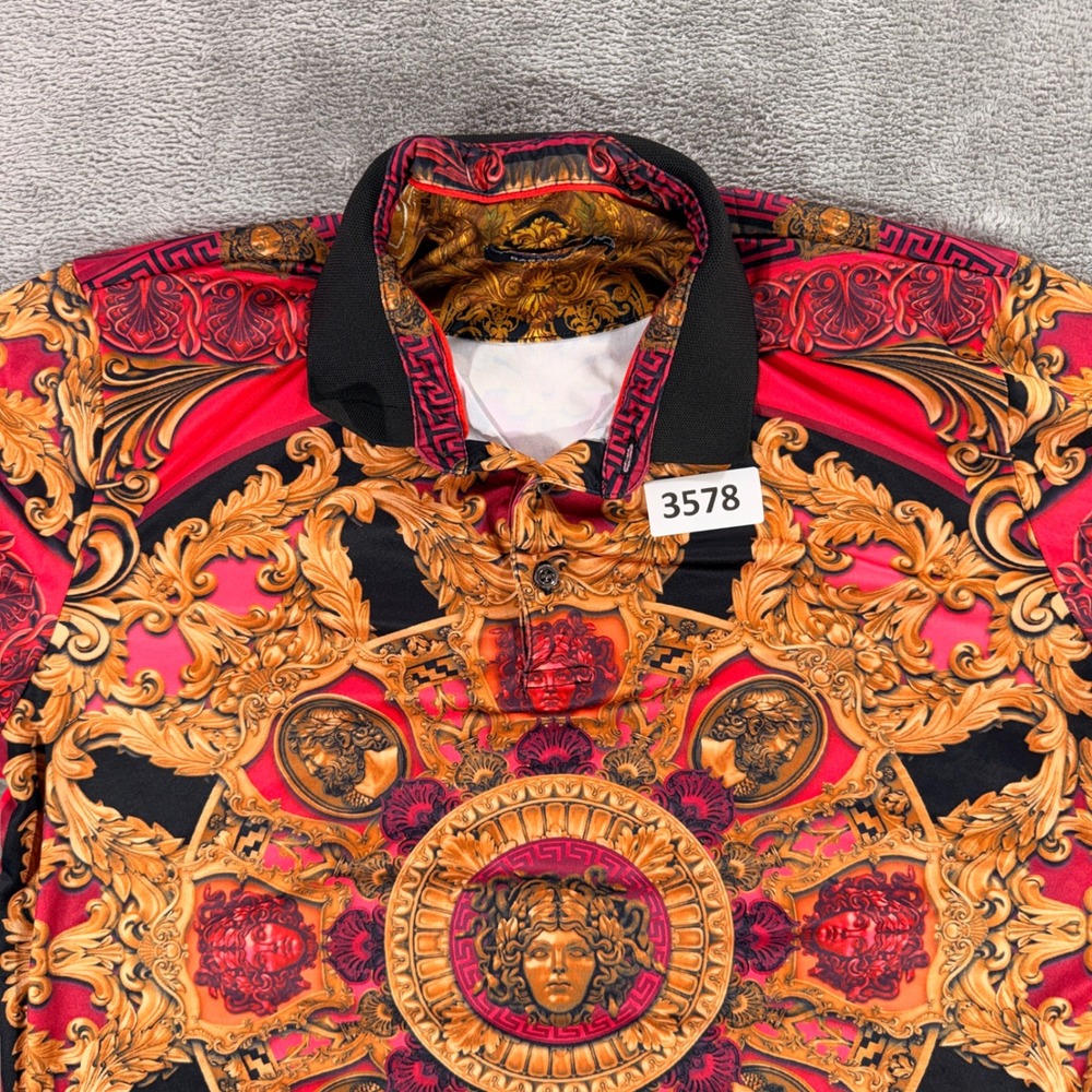 Barabas Polo Shirt Men Large Red Gold Baroque Medusa Greek Key Print Medieval